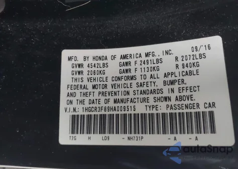 2017 Honda Accord Ex-L V6 из США, поврежденный, VIN 1HGCR3F89HA009515